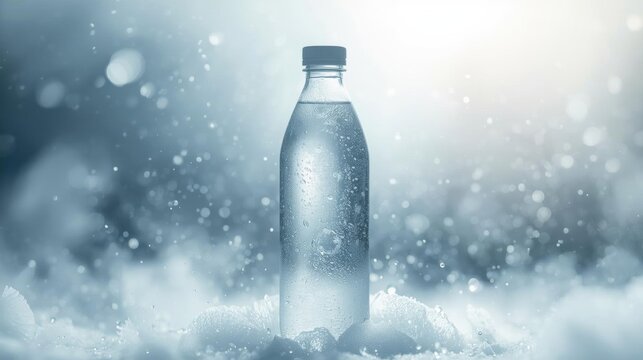 A clear water bottle stands amidst sparkling droplets, evoking freshness and purity in a cool, misty atmosphere.