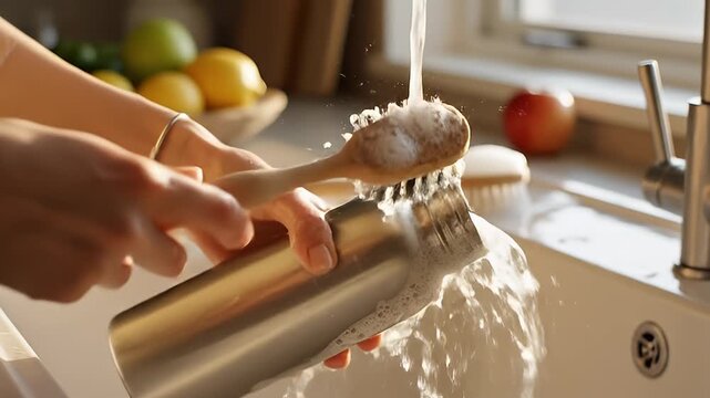 Person Washing Dishes in Kitchen Sink with Running Water.