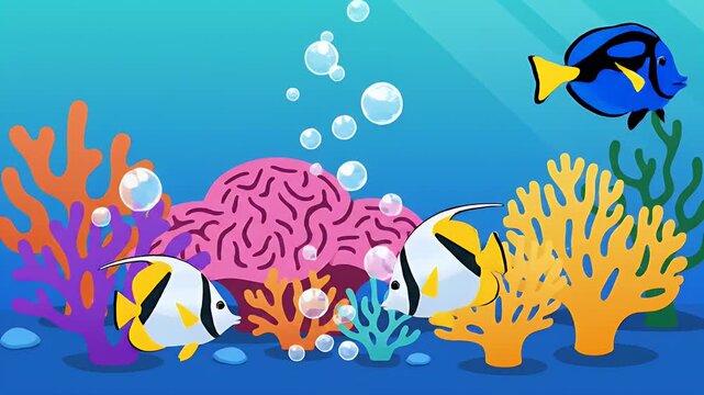 Colorful tropical fish swimming near coral reef underwater illustration