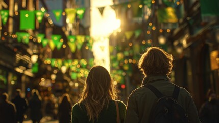 Fototapeta premium Celebrating St. Patrick's Day in a busy street filled with green decorations and happy crowds during sunset