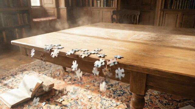 Floating puzzle pieces descend from the air onto a wooden table in a cozy library, with scattered books and a richly patterned rug enhancing the warm atmosphere