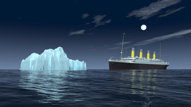 Historisches Passagierschiff RMS Titanic und Eisberg