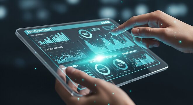 Hands Interacting with a Transparent Tablet Displaying Dynamic Supplier Analytics and Charts