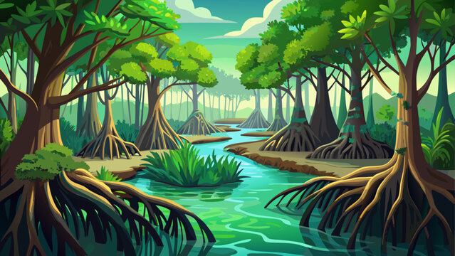 Very beautiful mangrove forest in the Niger Delta, featuring dense green roots, calm waterways, rich biodiversity, and vital ecosystems supporting Nigeria&rsquo;s coastal environmental balance.