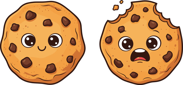 Cartoon vector illustration of chocolate chip cookies with expressive faces, happy and surprised emotions, creative dessert design for kids, food, and playful projects