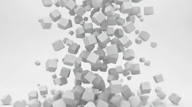 White cubes falling and scattering in a dynamic motion against a light background, creating a visually engaging display of geometric shapes in continuous progression