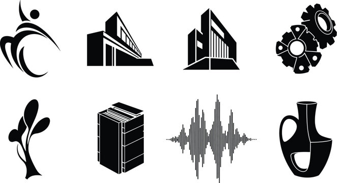 The image is a collection of eight black silhouette icons arranged in a 2x4 grid on a white background.