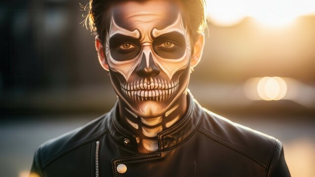 Man with detailed skeleton face paint looking directly into camera with bright golden hour sunlight
