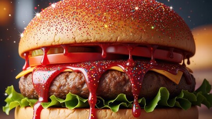 Glittering gourmet burger with dripping red sauce and sprinkles on bun creating a festive look