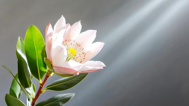 Protea neriifolia flower with green leaves blooming under sunlight beams on a gray background