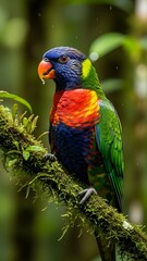 Naklejka premium Rainbow Lorikeet perched on mossy branch.