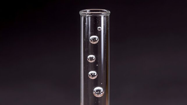Small air bubbles ascend vertically within a clear glass laboratory test tube against a dark subtle background