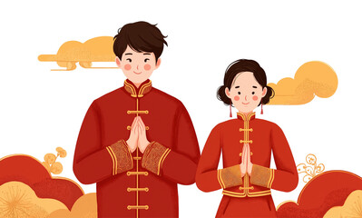 chinese new year, a couple bowing to each other and holding hands in red tang-style suits with gold trimmings, simple lines, white background, vector illustration style, flat design, chinese auspiciou
