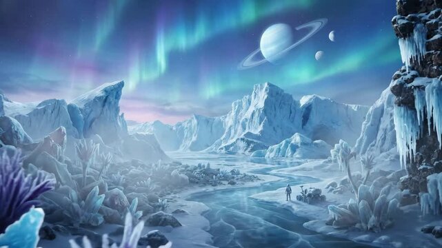 Icy alien landscape with vibrant auroras and a distant planet, featuring crystalline formations and a lone figure exploring the frozen terrain under a starry sky