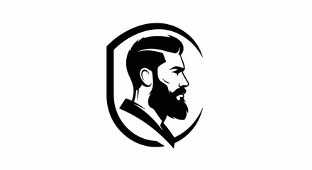 Bold Black and White Logo of a Modern Man's Profile with Stylish Haircut and Beard, Encased in a Shield Shape on Isolated White Background
