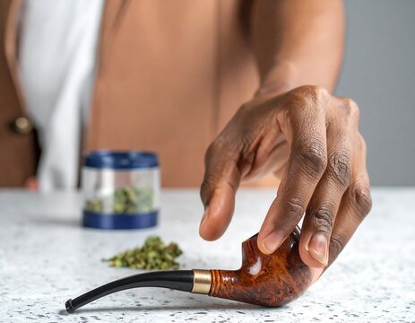 Hand holding wooden smoking pipe with cannabis.