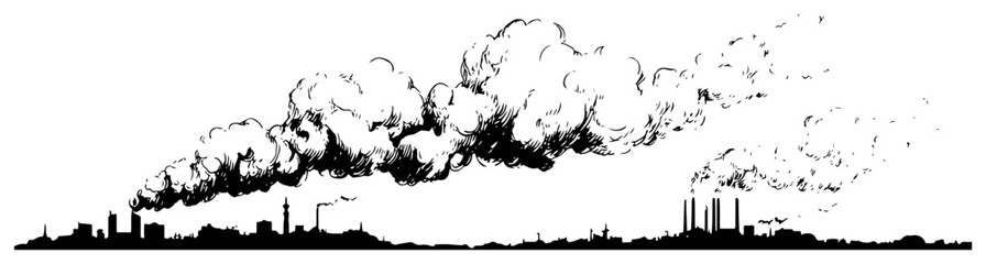 Panoramic city skyline silhouette covered in thick industrial factory smoke and pollution