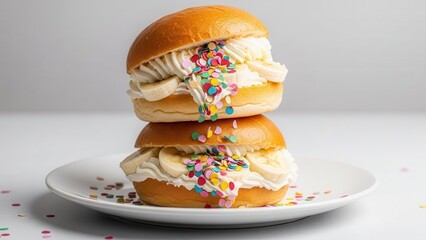 Gourmet banana and cream dessert sandwich with confetti sprinkles on plate