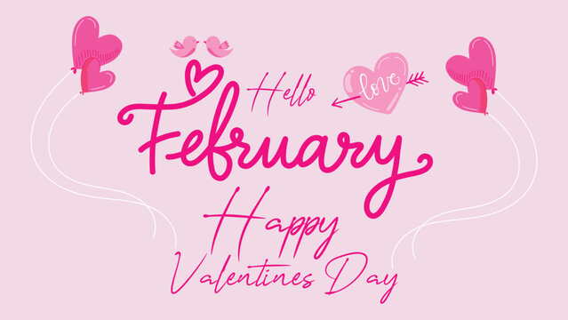 Hello February Happy Valentines Day Pink Love Hearts Romantic Typography Design