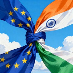 India EU Unity Vibrant Flags of India   European Union Tied in Knot of Friendship, Partnership   Global Cooperation on Blue Sky
