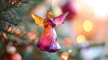 Fototapeta premium Colorful glass angel ornament hangs from a Christmas tree branch in winter