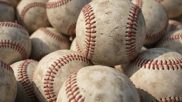 Close-up view of a large pile of worn baseballs showing various angles and textures, highlighting the details of stitching and surface wear in a natural outdoor setting