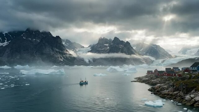 Fishing boat navigates icy waters near colorful houses along rocky shore, surrounded by majestic mountains and dramatic clouds in Greenland's serene landscape