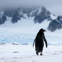 Solitude and Resilience Lone Emperor Penguin Trekking Towards Gloomy Snowy Peaks, Symbol of Adventure and Isolation in Harsh Antarctic Wilderness