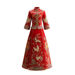 red short cheongsam dress with a golden floral pattern, front view, white background, high-definition photography. 