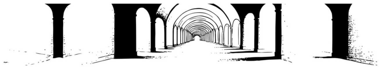 Fototapeta premium Perspective view of long arched corridor tunnel with columns