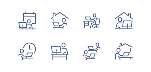 Home office and remote work icon set showing people working at desks, using laptops, managing time and collaborating online simple outlined symbols for productivity isolated flat vector illustration.