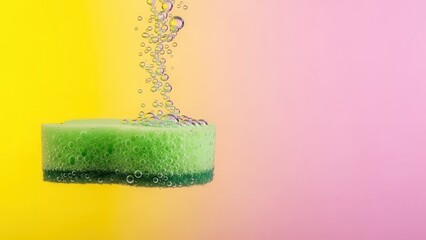 Green cleaning sponge floating in water with rising bubbles against a pink and yellow background