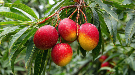 Obraz premium Ripe rainbow mangoes hang on a tree branch surrounded by green leaves. These tropical fruits display vibrant colors of red yellow and green. They are ready for harvest in a sunny garden