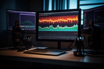 Music production studio setup with multiple screens displaying audio waveforms