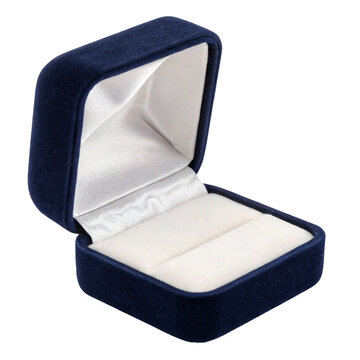 Open navy blue velvet jewelry box with white satin interior for ring isolated on transparent background	