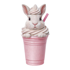 Cute bunny with ice cream sitting in a pink cup in a playful dessert scene in a bright space