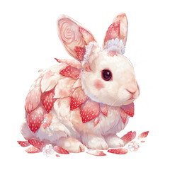 Rabbit with strawberry petals sitting on the ground in a colorful art style during the springtime season in a cheerful setting