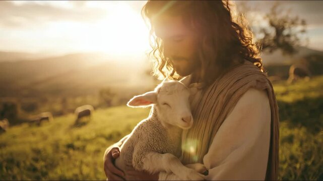 Jesus holding a lamb. The image of the meek shepherd in Christianity, used for prayers and religious events. Orthodoxy and faith. The Christian religion. Easter.