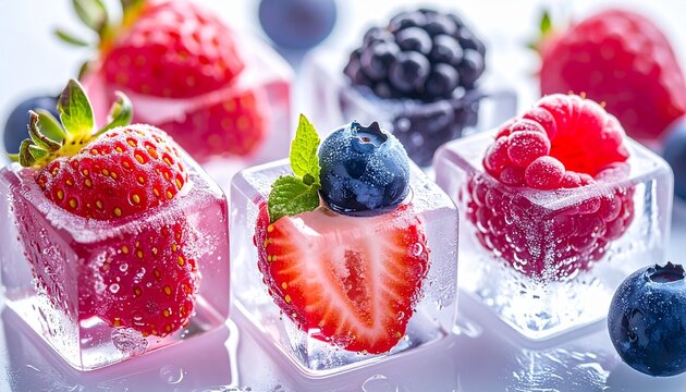 Macro Cinematic Shot of Fresh Berries and Mint Leaves Frozen in Sparkling Clear Ice Cubes with Water Droplets and Reflections