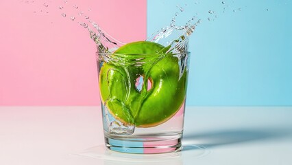Green donut splashing into glass of water against pink and blue backdrop