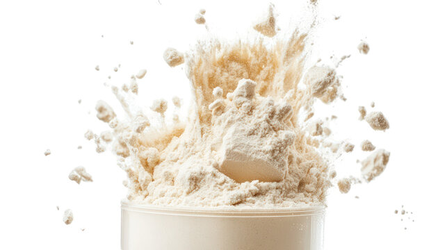A container of protein powder exploding in a dynamic motion on transparent background