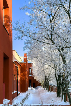 A winter city courtyard with gray multi-story panel buildings (Khrushchev-era or Brezhnev-era buildings) covered in a thin layer of snow and frost, under a bright blue sky