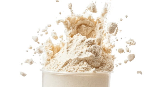 A container of protein powder exploding in a dynamic motion on transparent background