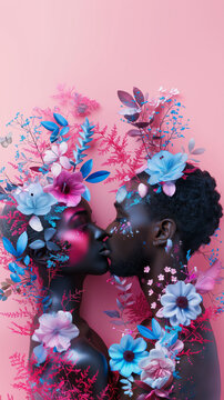 Portrait of a young, beautiful couple in love on an abstract spring background, with fresh, colorful meadow flowers adorning their faces and bodies, set against a pink plant and nature concept backdro