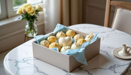 Elegant Dessert Arrangement with Roses and Marble Table