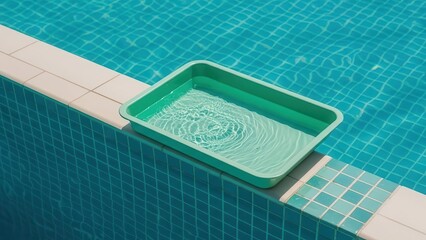 Green plastic tray with rippled water sitting on swimming pool edge