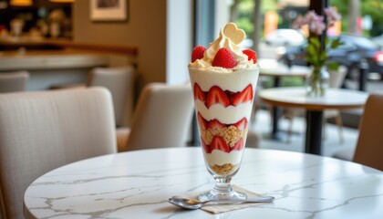 Delicious Strawberry Layered Dessert Cozy Caf&eacute; Setting