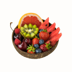 Bowl of fresh and healthy fruits isolated on white background