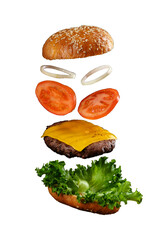 Crispy Hamburger with onion, patty, tomato, cheese and lettuce isolated on white background