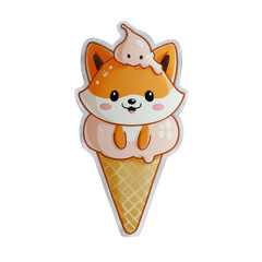 Cute fox shaped ice cream cone cartoon with orange color and smiling face sitting on a waffle cone